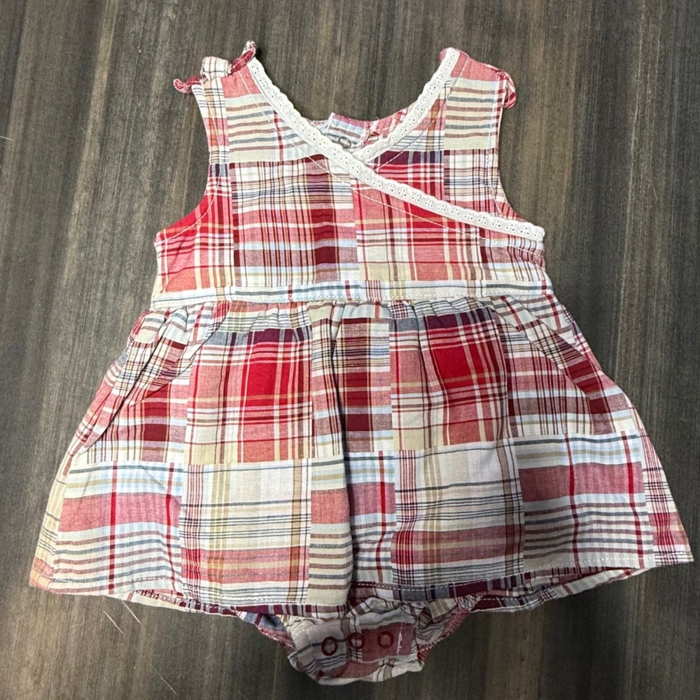 Vintage Faded Glory Newborn Girl Plaid‎ Sleeveless Dress Romper Red White